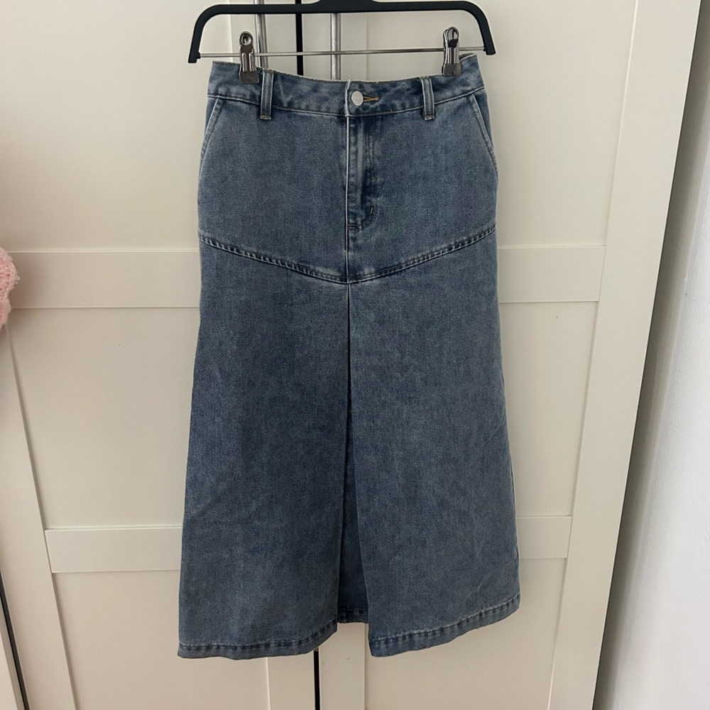 Classic Blue Denim Midi Skirt (faux slit)